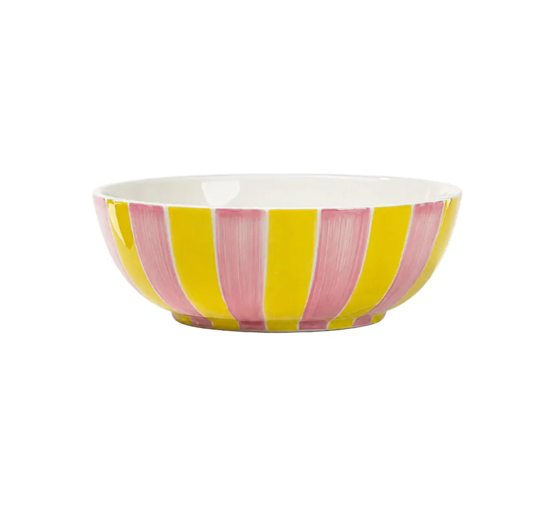 Yellow & Pink Stripe Ceramic Salad Bowl