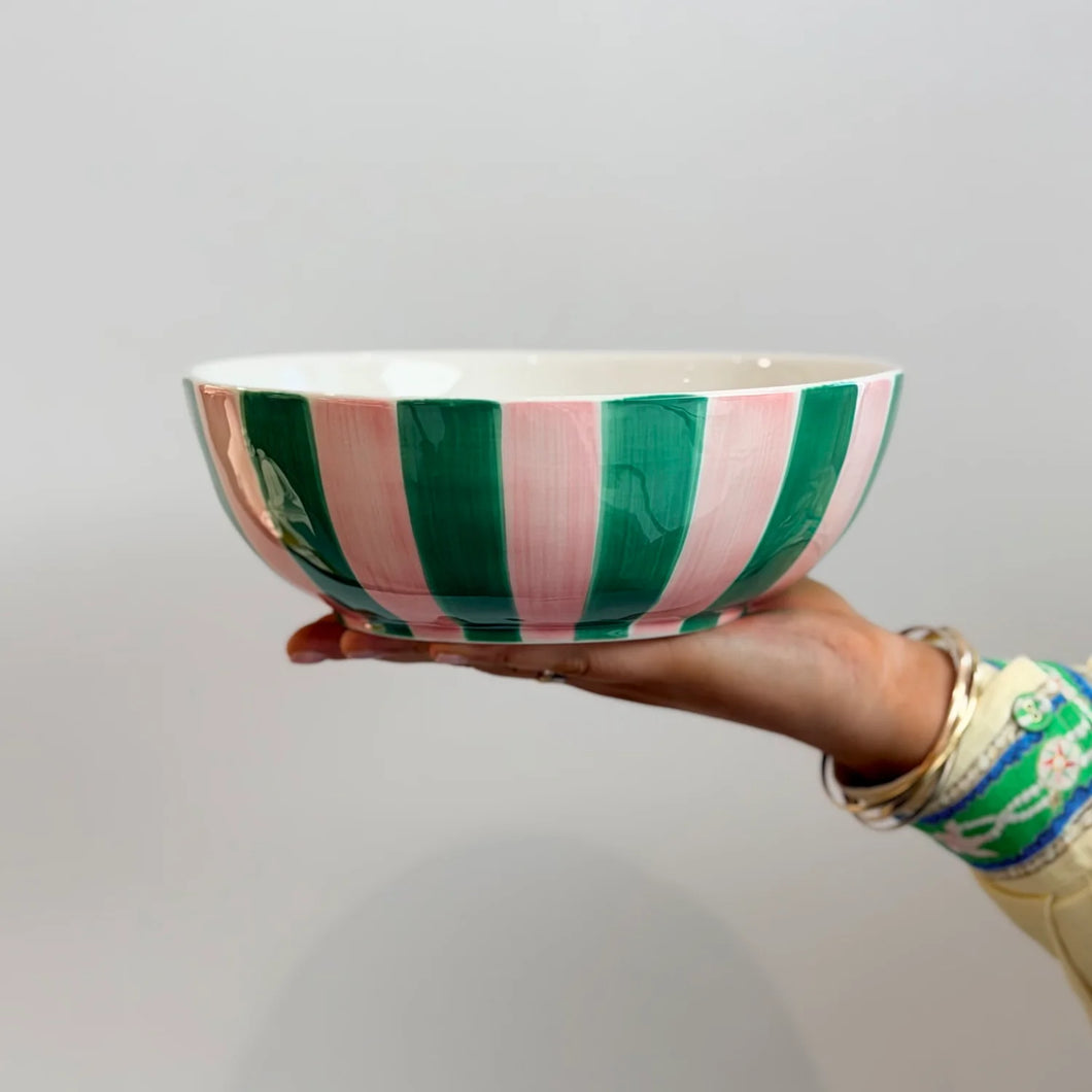 Green & Pink Stripe Ceramic Salad Bowl