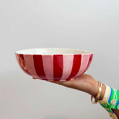 Red & Pink Stripe Ceramic Salad Bowl