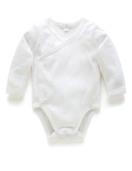 Pointelle Long Sleeve Wrap Bodysuit- White (Various Sizes)