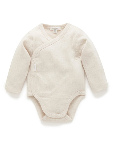 Pointelle Long Sleeve Wrap Bodysuit- Wheat (Various Sizes)