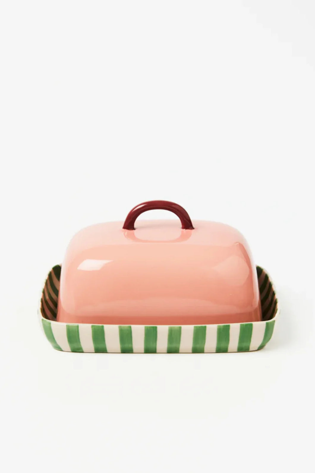 Pink, Green & Cream Stripe Butter Dish