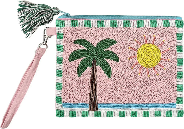Beaded Wristlet Clutch - Pink Palm