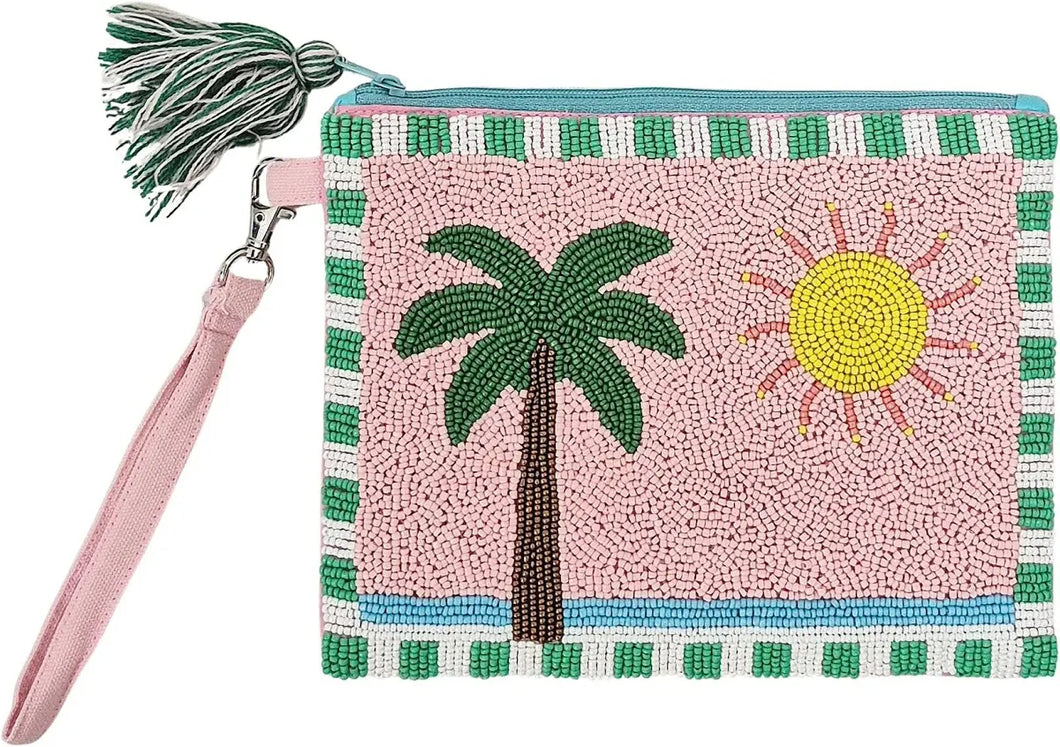 Beaded Wristlet Clutch - Pink Palm